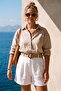 White Pocketed Pleated Belted Elastic Waist Double Leg Casual Linen Look Woven Shorts 50 63 - 3