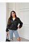 Women's Leather Look Snap-Fastener Leather Coat