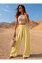 Women's High Waist Pleated Wide Leg Yellow Palazzo Pants - 2