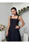 Women's Black Midi Dress Square Collar Lace Strap Layered Skirt Poplin Textured - 5