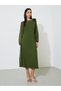 Green Solid A-Line Midi Dress with Floral Shoulder Detail - 2