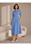 Blue Lapel Collar Short Puff Sleeves Shirt Maxi Dress