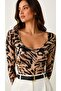 Women's Brown Patterned Round Neck Long Sleeve Viscose Blouse - 5