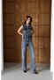 Women's Anthracite Sleeveless Shirt Collar Belted Pocketed Long Leg Denim Jumpsuit - 2