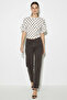 Women's Crew Neck Polka Dot Patterned Waist Fitted Short Sleeve Cream Brown Blouse - 3