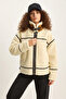 Women's Piping Detailed Pocketed Teddy Biker Beige Jacket - 6
