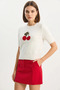 Women's Crew Neck Short Sleeve Cherry Knit Embroidered Knitwear White Blouse - 5