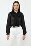 Women's Collar Tie-Up Black Shirt with Flounce Detail and Wrinkle Effect