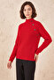 Women's Half Turtleneck Loose Red Sweater with Accessory Detail - 4
