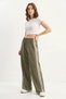 Women's Striped Elastic Waist Seasonal Palazzo Khaki Trousers with Pocket Detail - 2