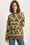 Women's Patterned Crew Neck Oversize Knitwear Green Sweater - 5