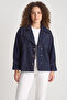 Women's Wide Collar Long Sleeve Denim Navy Blue Jacket with Adjustable Cuffs - 7