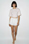 Women's Crew Neck Polka Dot Patterned Waist Fitted Short Sleeve White Pink Blouse - 3
