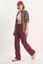 Women's Elastic Waist Ribbed Palazzo Burgundy Trousers with Pocket Detail - 6