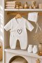 3 Piece 100% Cotton Muslin Ecru Heart Printed Double Breasted Hospital Discharge Set 0-3 Months - 3