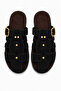Black Women's Suede Gold Buckle Detailed Cage Closed Toe Bohemian Slippers - 7