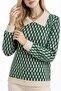 Women's Green Cream Polo Collar Patterned Knit Sweater - 2
