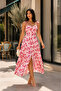 Women's Red Floral Patterned Long Dress with Tie Straps and Slits - 5