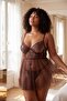Kahverengi Çiçekli Kapsız Transparan Fantezi Külotlu Büyük Beden Babydoll TBBSS26DH00011