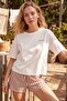 Ekru %100 Pamuklu Çizgili Bağlama Detaylı Şortlu Örme Pijama Takımı THMSS25PT00145 - 2