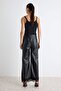 Siyah Düz Dantel Detaylı Wide Leg/Geniş Paça Regular Suni Deri Örme Pantolon TWOAW27PL00021 - 4