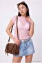 Pembe Düz Fitted Bisiklet Yaka Standart Kol Kısa Crop Dantel Örme Bluz TWOSS26BZ00995 - 4