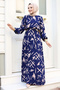 Brush Patterned Waist Belted Dress TSD240228 Indigo - 4