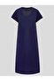 Navy Blue Relaxed Cut V-Neck Short Sleeve Knitted Midi Dress - 6