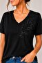 New Season Modal Cotton Women's V-Neck Floral Embroidered Stoned Basic T-Shirt Short Sleeve Casual