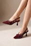 İkparS Mary Jane Claret Red Patent Leather Two-Strap Stiletto Pointed Short Heeled Shoes - 2
