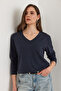 Women's Navy Blue V-Neck Wool Viscose Flowy Blouse Blz- 19002729 - 3