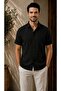 Black Breathable Half Oversize Muslin Fabric Short Sleeve Collared Men's Shirt - 2