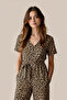 Women's Crepe Jumpsuit with Belt and Zipper - Leopard - 7