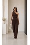Brown One Shoulder Body High Waist Draped Trousers Wrinkle Suit - 2