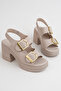 Beige Heeled Women's Double Buckle Sandals - 4