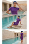 2154_Women's Printed Boneli Semi-Closed Strappy Covered Bustier Lined 3-Piece Hijab Swimsuit Set - Purple - 5