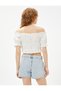 Crop Madonna Neck Blouse Off Shoulder Short Sleeve Ruffle Textured - 4