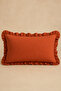 Pera Cotton Linen Ruffled Cinnamon Rectangular Cushion Cover-Rustic, Hand-Stitched, Cushion Cover-35X50Cm