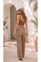 Women's Beige Linen Look Premium Textured High Waist Palazzo Trousers with Wide Legs - 5