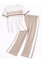 Women's Stripe Detailed Short Sleeve Premium Modal Top and Bottom Tracksuit Set - Stone - 6