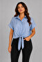 Women's Satin Look Striped Short Sleeve Shirt - Blue