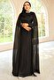 Yoryo Silk Hijab Evening Dress with Stone Collar and Cape Detail Black 1247
