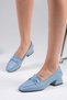 Abriana Blue Color Blunt Toe Knitted Strap Women's Short Heeled Shoes - 5