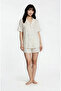 Women's Ecru Puppy Dog Pattern Soft Textured Peter Pan collar Short Sleeve Shorts Pajama Set - 2
