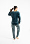 Women's Petrol Stripe Injection Long Sleeve Crew Neck Bottom Printed Pants Pajama Set - 4