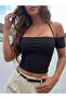 Women Halter Neck Halter Top and Back Low-Cut Bodycon Short Sleeve Madonna Collar Blouse - 5