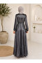 Silver Sequin French Thin Velvet Hijab Evening Dress - 3
