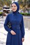 Buttoned Navy Blue Dress with Elastic Waist - 4