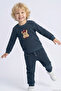 Boy's Tracksuit Set with Cute Hat and Teddy Bear Figure Embroidery, 9 Months-3 Years, Navy Blue Melange - 2