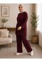 Women's Islamic Clothing Modal Fabric Rope Tie Detail Crew Neck Tunic Top and Bottom Set Burgundy - 5